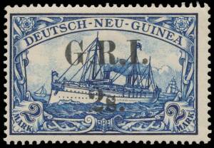 1914-15 High Values with 3&frac12;-4mm Spacing on German New Guinea '2s.' on 2mk blue SG 13, lightly mounted, two pencilled guarantee initials, Cat &pound;3000. BPA Certificate (1960). Superb! [Peter Moverley's similarly centred example sold for $2070]
