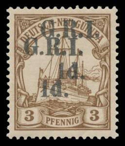 1914-15 5mm Spacing on German New Guinea '1d.' on 3pf brown with the Overprint Double SG 16e, well centred, lightly mounted, Cat &pound;1300. [Tim Rybak's & "Ello"s examples sold for $2070 & $2185 respectively]