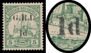 1914-15 5mm Spacing on German New Guinea '1d.' on 5pf green as SG 17 but with No Stop after '1d ', well centred, very lightly mounted. Unlisted in Gibbons.