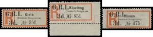 1915 'G.R.I./3d.' on German Registration Labels 'Rabaul' SG 33, 'Friedrich-Wilhelmshafen', 'Herbertsh&ouml;he', 'K&auml;wieng' (marginal example but poorly centred), 'Kieta' & 'Manus' SG 35-39, plus Seriffed Letters 'K&auml;wieng' SG 42, a few irregular perfs as usual, 