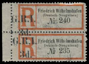 1915 'G.R.I./3d.' on German Registration Labels Seriffed Letters 'Friedrich Wilhelmshafen' SG 41 marginal vertical pair from the left of the sheet, the lower unit with Missing Bracket before ' Deutsch' SG 41a, the top unit with Misplaced Overprint and a n