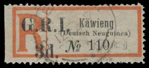 1915 'G.R.I./3d.' on German Registration Labels Seriffed Letters 'K&auml;wieng' SG 42, trimmed perfs at left, 'RABAUL/12FE17' cds, Cat &pound;650.