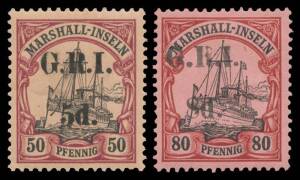 1914 5mm Spacing on Marshall Islands '1d.' on 3pf (aged) to '8d.' on 80pf black & carmine/rose (hinge remainders) SG 50-58 complete, variable centring & condition, Cat &pound;1950. BPA Certificate (1958) for the '3d.' on 30pf. (9)