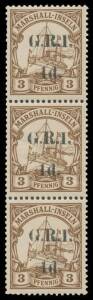 1914 5mm Spacing on Marshall Islands '1d.' on 3pf brown SG 50 vertical strip of 3, top unit with one short perf, unmounted, Cat &pound;250++ (mounted).