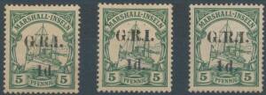 1914 5mm Spacing on Marshall Islands '1d.' on 5pf green with Flat Top Serif on '1' and with Wide Spaced '1 d' SG 51c & e, the first a little aged, with a normal stamp for comparison, Cat &pound;520.