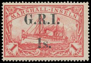 1914 3&frac12;-4mm Spacing on Marshall Islands High Values '1s.' on 1mk red SG 59, very lightly mounted & very fresh, Hoffmann Giesecke guarantee handstamp, Cat &pound;3750. [Peter Moverley's better centred example sold for $3680]