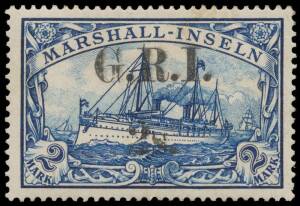1914 3&frac12;-4mm Spacing on Marshall Islands High Values '2s.' on 2mk blue SG 60, minor hinge remainders, Cat &pound;1800. ["Ello"s & Peter Moverley's examples sold for $1955 & $2185 respectively]