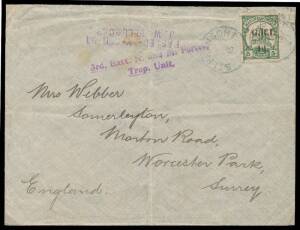 1915 Forces cover to Surrey with 5mm Spacing '1d.' on 5pf green SG 17 tied by "frozen" 'STEPHANSORT/ 13 / * ' cds in bluish ink, '3rd Batt N and M Force/Trop Unit' & 'PASSED-BY-CENSOR/JW BELL CAPT' h/s both in violet, poor Sydney b/s of April & 'WORCESTER