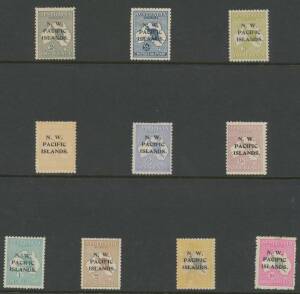Selection with KGV Heads including 1d red block of 24 & 1d violet block of 20, Kangaroos simplified to &pound;1 with 5/- x2 & 10/- x2, also 'One Penny' Surcharges, condition very mixed. (88)