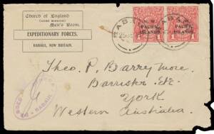 Selection with commercial mail comprising cover with 'J REISS/Manus' imprint on the flap & 1d tied by 'MANUS' cds, soiled; 'Church of England/.../EXPEDITIONARY FORCES/RABAUL, NEW BRITAIN' front to Western Australia with 1d pair, faults; to Switzerland end