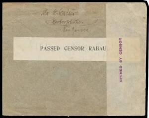 1915 cover endorsed "Contains postcards/for Enemy Country" in red & 2&frac12;d Roo type b tied by 'HERBERTSHOHE' cds, complete example of the rare black/white 'PASSED CENSOR RABAUL' label on the reverse, violet/white 'OPENED BY CENSOR' label & 'PASSED BY CENSOR/