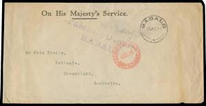 1916 stampless OHMS cover to Queensland with 'MADANG/15AU16' cds & large 'Passed by Censor/RABAUL' h/s in violet, 'PASSED CENSOR/10SE16/BRISBANE' cds in red, reduced at left & a bit aged.