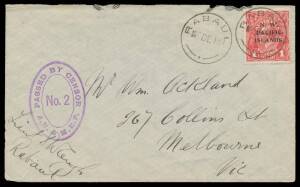 1918 William Ackland cover endorsed "Lieut S Waugh [?]/Rabaul" at lower-left below a superb strike of the scarce vertical-oval 'PASSED BY CENSOR/ No 2/AN & MEF' cachet in violet, KGV 1d type a tied by 'RABAUL/6DE18' cds, minor opening defects at the top.