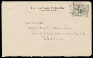 1921 OHMS cover to London with very scarce franking of Roos Third Wmk 2d grey perf 'OS' SG O6 (Cat &pound;75 x8+) tied by Rabaul cds, poor London arrival b/s.