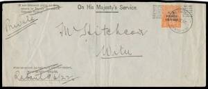 1922 usage of NSW OHMS penalty envelope to "Mr Hitchcox/Witu" with New Colours 2d orange tied by a superb strike of 'RABAUL/9JE22/NEW BRITAIN' cds (with Reversed 'N' in 'BRITAIN'), vertical fold & minor blemishes. [The Witu Islands are in the Bismarck Sea