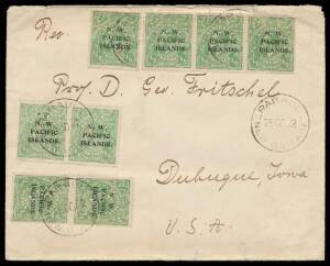 1922 mission cover from Finschhafen (sender's endorsement on the flap) to Iowa (!) with KGV &frac12;d green x8 tied by 'RABAUL/28OC22/NEW BRITAIN' cds (with Normal 'N' in 'BRITAIN'), minor defects. [the foreign letter rate was 4d for the first ounce between 1/10