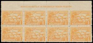 1925-31 Huts 1925-27 Huts &frac12;d orange SG 125 imprint block of 8 (4x2) from the top of the sheet, the upper four units all Imperforate at Top, characteristic rough perfs, aged/"suntanned" on the reverse but of very fine facial appearance. One of the major er