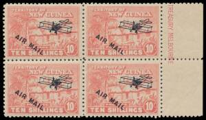 1925-31 Huts 1931 Hut Airs 10/- pink SG 148 marginal block of 4 from the right of the sheet, shiny gum, well centred, unmounted, Cat &pound;340++.