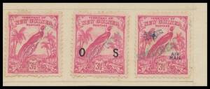 1931-34 Birds 1932-34 Undated Birds, Airs & 'OS' Overprints 2&frac12;d & 3&frac12;d each with light 'SPECIMEN' handstamp (acute accent on the first 'E') in green, affixed to two small pieces from an archival record book. The h/s is difficult to see on the green stamps 