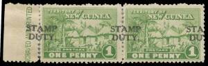 1925-27 Huts overprinted 'STAMP/DUTY.' 1d green horizontal pair with the Overprint Misplaced about 15mm to Left (the margin rejoined), 1d with 'DUTY' Misplaced 3&frac12;mm to Left and 1d with the Overprint Double Barefoot #1b (Cat &pound;125 used; unpriced mint), some
