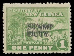 1925-27 Huts overprinted 'STAMP/DUTY.' 1d green with the Overprint Double Barefoot #1b, minor toning, Cat &pound;125 used; unpriced mint.