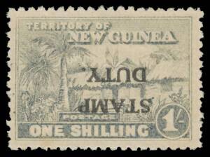 1925-27 Huts overprinted 'STAMP/DUTY.' 1/- blue-green with the Overprint Inverted Barefoot #4a, minor toning, Cat &pound;150++ used; unpriced mint.