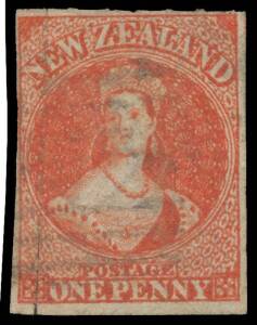 1864 Wmk 'NZ' Rouletted 7 at Auckland 1d carmine-vermilion SG 101, clear rouletting at the top & into the design at left otherwise cut from the sheet to preserve the design with margins just clear to large, the rouletting at left has separated at the base