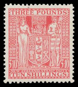POSTAL FISCALS: 1940-58 &pound;3/10/- bright rose SG F209, exceptional centring, tiny natural paper inclusion at the top, lightly mounted, Cat &pound;3250.