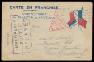 1915 (Dec) usage of French Army "flags" Postal Card to New Zealand with 'ARMY PO 1/ A /5DEC15' machine cancel & boxed 'IMPROPERLY/POSTED/DELAYED' handstamp that we have not previously seen, minor blemishes.