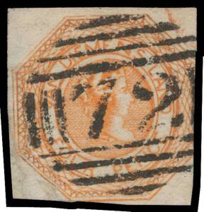 c.1854 exceptional strike of the rare Tasmanian Barred Numeral '72' on Courier 4d orange (faults; rebacked at lower-left). Rated RRR. Ex Koichi Sato. [This strike is one of the very finest recorded & is far superior to the fine strike on fine single 4d th