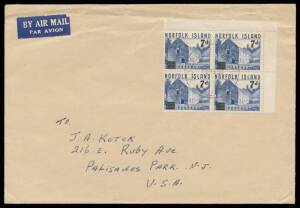 1959 airmail cover to New Jersey with rare albeit philatelic franking of '7d' on 7&frac12;d Governor's Residence upper-right corner block of 4, central Norfolk Island cds, minor bend at the top clear of the stamps; also 1947 philatelic cover to New York endorsed