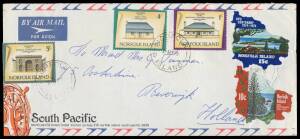 1975 commercial advertising cover for South Pacific Hotel/Motel to Holland at 35c Airmail rate with rare franking of diecut self-adhesive UPU 10c & 15c plus Convict-Era Buildings 1c 4c & 5c.