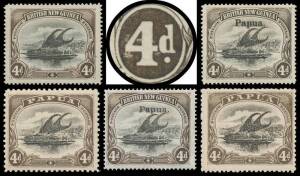 Pantograph flaw on 4d [18] Deformed 'd' (Thin 'd') at Left comprising BNG Watermark Horizontal SG 5a (exceptional centring, no gum), Large 'Papua' Overprint Watermark Horizontal SG 25a (minor surface abrasions), Small 'Papua' Overprint Watermark Vertical 