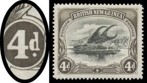1901-05 British New Guinea Watermark Horizontal 4d with Deformed (Thin) 'd' SG 5a, well centred & unusually fresh, Cat &pound;650. [Peter Troy's and John Williams' examples sold at the Prestige auctions of 28/7/2009 & 6/3/2010 for $1437 & $1667 respectively]
