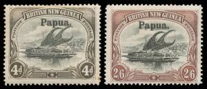 1906 Large 'Papua' Overprints Watermark Horizontal 4d to 2/6d SG 17-20, Watermark Vertical &frac12;d to 6d SG 21-26 plus &frac12;d complete sheet of 30 - toning - from Vignette Plate 2 with [4, Thick 'P'] & [8, Dot in 'P'] & 1d block of 18 (3x6), & a few varieties incl