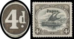 1906 Large 'Papua' Overprints Watermark Horizontal 4d black & sepia with Deformed (Thin) 'd' SG 17a, exceptional centring, Cat &pound;1800. A rare stamp, absent from both Tim Rybak's and Peter Troy's collections. [John Williams' example sold for $1955]