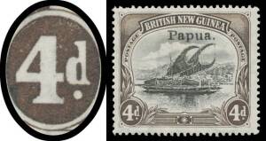 1907 Small 'Papua' Overprints Watermark Vertical 4d black & sepia with Deformed (Thin) 'd' SG 42a, well centred, Cat &pound;550. [John Williams' example sold for $805]