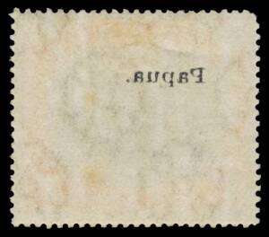 1907 Small 'Papua' Overprints Watermark Vertical 1/- black & orange on Thin Paper SG 44a with a Strong Offset of the Overprint on the reverse, rounded corner at upper-left, very lightly mounted.