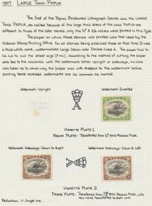 1907-10 Large 'PAPUA' selection on display pages with &frac12;d SG 47 three complete sheets from Vignette Stone 1 & 2/6d SG 48 with Watermark Sideways x2 (one "inverted), varieties including &frac12;d reconstructed sheet & 2/6d x8 including White Leaves at Left x2 & Lo