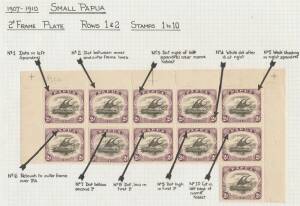 1907-10 Small 'PAPUA' Frame Varieties on neatly annotated display pages with good coverage of all values to 1/- & reconstructions of &frac12;d 2d & 4d sheets, with many in multiples including 4d corner block of 12 with Deformed (Thin) 'd' at Left, some with diff