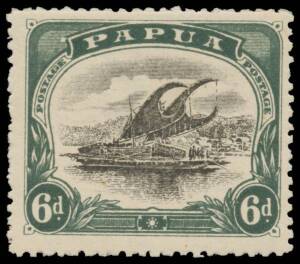 1907-10 Small 'PAPUA' Watermark Sideways Perf 12&frac12; 6d black & myrtle-green SG 70, some irregular perforations, signed in pencil on the reverse, Cat &pound;4750. [Tim Rybak's similarly centred example sold for $3450. Peter Gold's exceptional marginal example sold