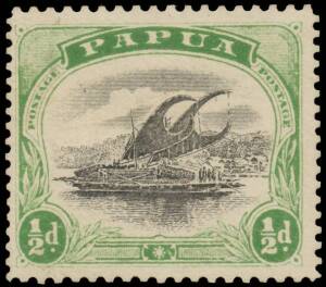 1907-10 Small 'PAPUA' 1907-10 Small 'PAPUA' Compound Perfs &frac12;d black & yellow-green SG 72 Perf 11x12&frac12;, well centred, no gum, Cat &pound;4750. A great rarity, or a fake!? This is a highly contentious stamp. Many collectors are of the opinion that SG 72 does not 