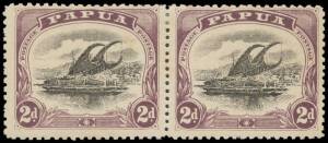 1907-10 Small 'PAPUA' Compound Perfs 2d black & purple SG 73 horizontal pair Perf 12&frac12; between & at right resulting in the left-hand unit being Perf 11x12&frac12;x11x11 & the right-hand unit being Perf 11x12&frac12;, minor tropicalisation of the gum & a couple of tiny t