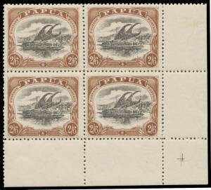 1910 Large 'PAPUA' 2/6d black & brown Types B & C SG 82-83 blocks of 4, well centred, unmounted, Cat &pound;460++. (2 blocks)