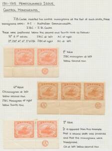 1911-15 Monocolours range on annotated display pages with a basic set SG 84-92, extra values to 2/6d including 2&frac12;d & 2/6d both perf 'OS', Perf 12&frac12; 1d lower-left pairs with 'JBC' Monogram (the usual position) & with 'CA' Monogram (obviously from a second s