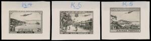 1937 Proposed Air Mails stamp-size photographic reductions of 2d designs of a village scene or Port Moresby Harbour & 3d Hanuabada, each dated "22/10/37" & endorsed "K4" "K6" & "K5" respectively, oval '.../STAMP/ PRINTING BRANCH/...' cachet in violet on t