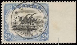 PERFORATED 'OS': 1908-10 Small 'PAPUA' Watermark Sideways Perf 11 2&frac12;d black & dull blue SG O17 marginal example from the right of the sheet Imperforate at Right, no gum, CTO with 'PORT MORSEBY/24AUG10/PAPUA' cds. One of the most desirable rarities of Papu