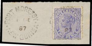 1887 small piece with Queensland Lined Background 2d tied by light 'PORT MORESBY/1DE/87/NEW GUINEA' cds (Lee #1 - with no code letter - rated F) with a second superior strike slongside. Ex Roger Lee. [Peter Troy's good strike on 2d on small piece - Ex Tom