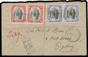 1907 commercial cover with mixed issues franking of Large 'Papua' 2&frac12;d pair & Small 'Papua' 1d pair cancelled with two of three strikes of the 'REGISTERED/SAMARAI BNG' h/s (rated D), 'SAMARAI ED/19SEP07/PAPUA' cds below & Sydney arrival b/s of OC3/07, iro