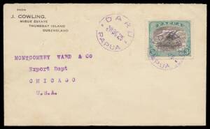 1926 commercial cover with 'J COWLING/MIBUE ESTATE/THURSDAY ISLAND/QUEENSLAND' imprint at upper-left, to Chicago with Bicolours 3d tied by 27mm 'DARU/PAPUA' cds in violet. [Daru is almost 200km NNE of Thursday Island. The cover was probably given to someo
